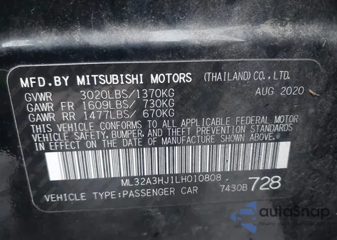 2020 Mitsubishi Mirage Es/Se z USA, uszkodzony, nr VIN ML32A3HJ1LH010808